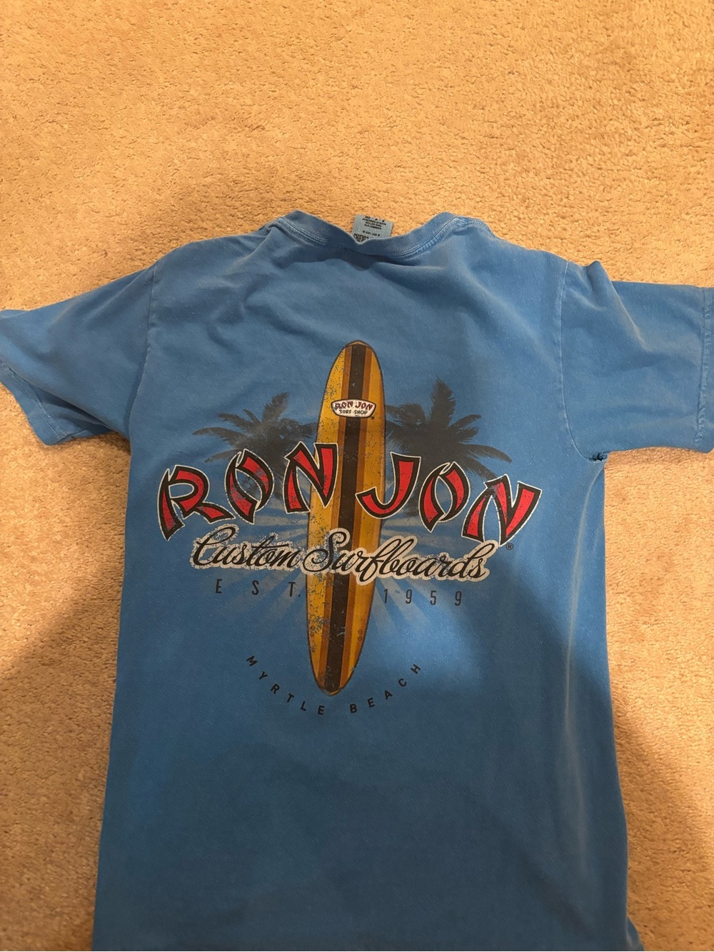 Ron Jon Blue Tee with Yellow Surfboard Graphic